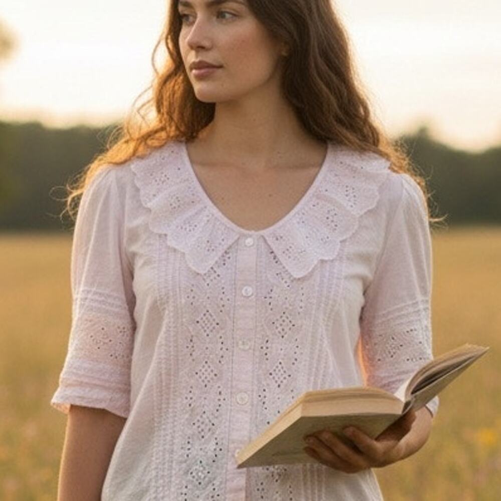 Joie Lightweight Pale Lavender Eyelet Lace Cottagecore Ruffle Blouse